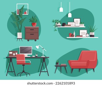 Home office concepts set with computer, armchair, homeplant, deor elements. Cosy workspace interior design. Work from home, freelance or studying. Coworking space interior. Workplace of employees