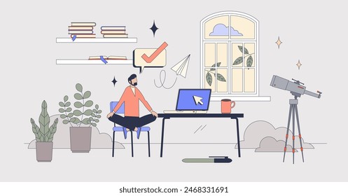 Homeoffice-Design für Fernarbeit oder Telearbeit winzige Personen Neubrutalismus Konzept. Ergonomisches und komfortables Arbeitsumfeld in Wohnzimmer-Vektorillustration. Innenorganisation im Heimschrank.