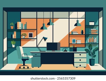 Home office design with pc computer on work desk and armchairs, office room Interior architecture design template in flat style Vector illustration.