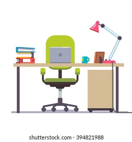 Home or office desk with casters chair, laptop computer, some papers, binder and tea cup. Front view. Flat style color modern vector illustration.