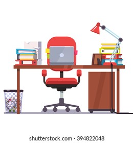 Home or office desk with casters chair, laptop computer, some papers, binders and table lamp. Front view. Flat style color modern vector illustration.