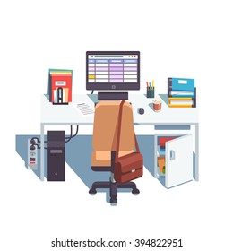 Home or office desk with casters chair, desktop computer with sheets application, some papers and binders. Top back side view. Flat style color modern vector illustration.