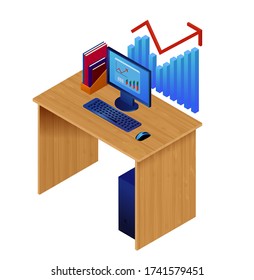 Home or office desk with computer, paper folders and chart. Isometric vector illustration of data manipulation, analysis and planning isolated on white background.