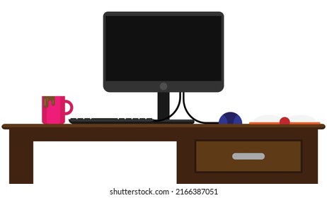 Oficina en el hogar con ordenador, café y libro abierto. Ilustración vectorial plana.