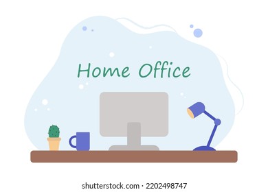 Oficina en el hogar con escritorio y computadora. ilustración vectorial