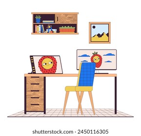 Home office desk with digital tablet line cartoon flat illustration. Graphic designer computer table 2D lineart interior isolated on white background. Freelance workspace scene vector color image