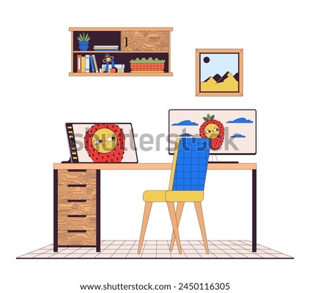 Home office desk with digital tablet line cartoon flat illustration. Graphic designer computer table 2D lineart interior isolated on white background. Freelance workspace scene vector color image