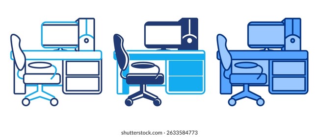 Home Office Desk icon represented by Home Office Desk Blue, Dualline, Dualtone style.