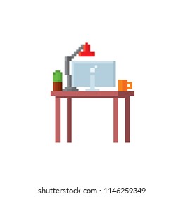 Home or office desk with laptop computer, some papers, binders and table lamp. Pixel art. Old school computer graphic. 8 bit video game. Game assets 8-bit sprite.