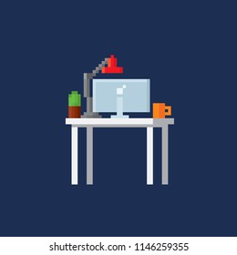 Home or office desk with laptop computer, some papers, binders and table lamp. Pixel art. Old school computer graphic. 8 bit video game. Game assets 8-bit sprite.