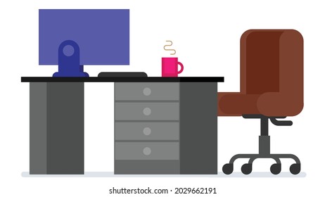 Home or office desk with pedestal drawer, castors chair, computer and coffee cup. Flat style work table vector illustration isolated on white background
