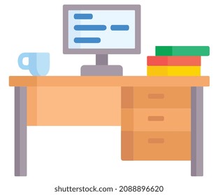 Home or office desk with pedestal drawer, laptop computer, some paper files and binders, lamp and pencil cup. Modern colorful flat style vector illustration nicely isolated on white background