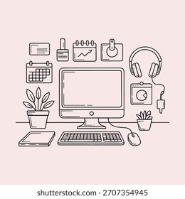 Home Office Desk Setup Doodle Illustration computer monitor