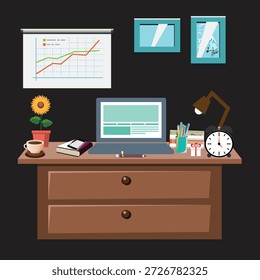 Ilustración vectorial de configuración del escritorio de la oficina en el hogar con la computadora y la silla