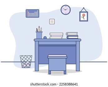 HOME OR OFFICE DESK FOR STUDY OR WORK WITH TABLE, BOOK, CHAIR. BLUE BACKGROUND FOR DESIGN GRAPHIC