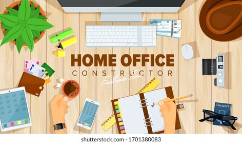 Home office desk. Template design of home office working view from above. Remote work concept illustration. Workplace home mockup.