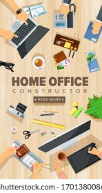 Home office desk. Template design of home office working view from above. Remote work concept illustration. Workplace home mockup.