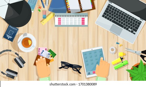 Home office desk. Template design of home office working view from above. Remote work concept illustration. Workplace home mockup.