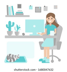 Home office during coronavirus outbreak concept. Happy girl working at home at the computer, business lady, freelancer. Female employee works from home.Vector illustration in flat style hand drawn