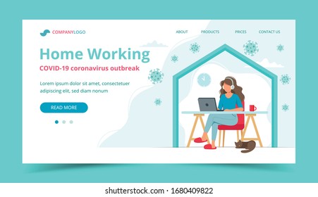 Home office during coronavirus outbreak concept. Landing page or banner template. Vector illustration in flat style 