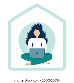 Home office during coronavirus outbreak concept, woman works from home with laptop. Vector illustration in flat style