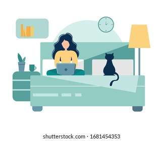 Home office during coronavirus outbreak concept, woman works from home with laptop. Vector illustration in flat style