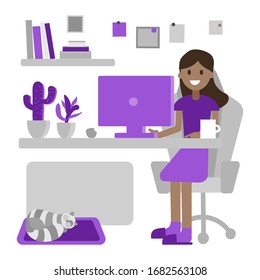 Home office during coronavirus outbreak concept. Happy afro american girl working at home at the computer, business lady, freelancer. Female employee works from home.Vector illustration in flat style