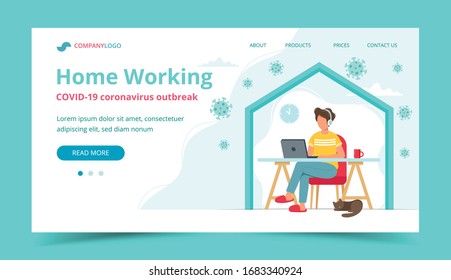 Home Office During Coronavirus Outbreak Concept, Man Working From Home. Landing Page Or Banner Template. Vector Illustration In Flat Style 