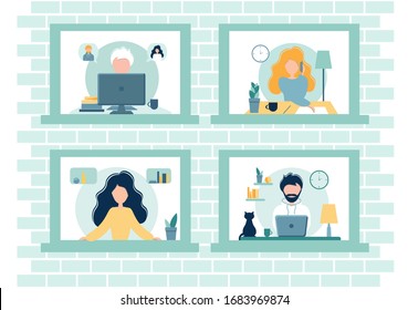 Home office during coronavirus outbreak concept, people works from home. Vector illustration in flat style. Stay at home. Employees are working from home to avoid spreading the coronavirus covid-19