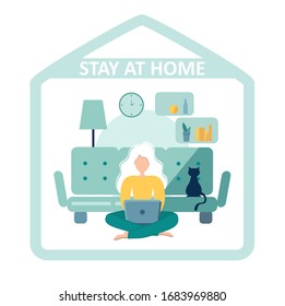 Home office during coronavirus outbreak concept, woman works from home with laptop. Vector illustration in flat style. Stay at home