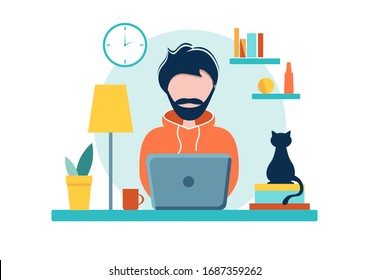 Home office during coronavirus outbreak concept, man works from home with laptop. Vector illustration in flat style. Stay at home