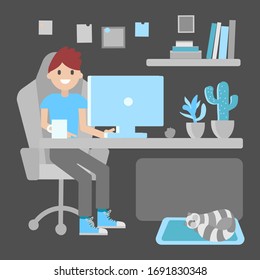 Home office during coronavirus outbreak concept. Happy guy working at home at the computer, business man, freelancer. Worker male employee works from home.Vector illustration in flat style.