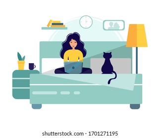 Home office during coronavirus outbreak concept, woman works from home with laptop. Vector illustration in flat style. Stay at home