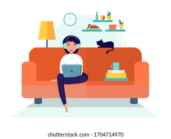 Home office during coronavirus outbreak concept, woman works from home with laptop. Vector illustration in flat style. Stay at home. Self-isolation