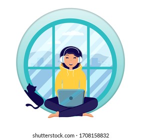 Home office during coronavirus outbreak concept, woman works from home with laptop on a window. Vector illustration in flat style. Stay at home