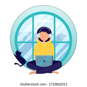 Home office during coronavirus outbreak concept, woman works from home with laptop on a window. Vector illustration in flat style. Stay at home