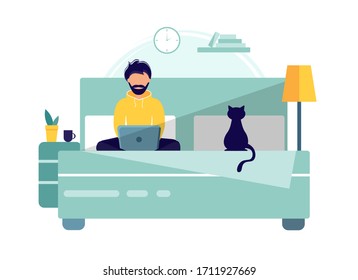 Home office during coronavirus outbreak concept, man works from home with laptop. Vector illustration in flat style. Stay at home