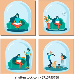 Home office during coronavirus outbreak. Young women sit at home and read a book, work on a laptop, a family plays with children. Social distance and self-isolation during quarantine. set