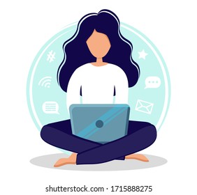 Home office during coronavirus outbreak concept, woman works from home with laptop. Vector illustration in flat style. Stay at home