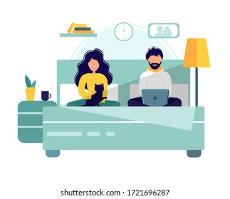 Home office during coronavirus outbreak concept, woman and man work from home with laptop. Vector illustration in flat style. Stay at home. Employees are working from home. Self-isolation.