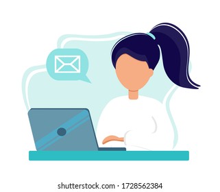 Home office during coronavirus outbreak concept, woman works from home with laptop. Vector illustration in flat style. Stay at home. Self-isolation.