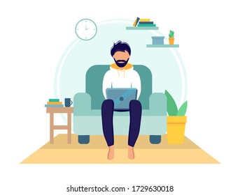 Home office during coronavirus outbreak concept, man works from home with laptop. Vector illustration in flat style. Stay at home. Self-isolation