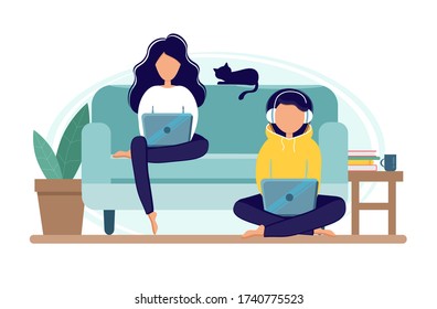 Home office during coronavirus outbreak concept, women work from home with laptops. Vector illustration in flat style. Stay at home. Self-isolation