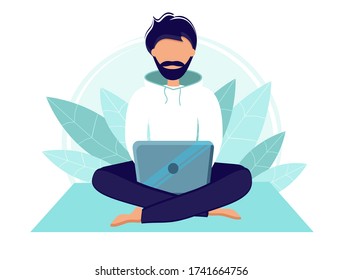 Home office during coronavirus outbreak concept, man works from home with laptop. Vector illustration in flat style. Stay at home. Self-isolation