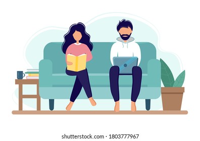 Home office during coronavirus outbreak concept, woman and man work from home with laptop and book. Vector illustration in flat style. Stay at home. Employees are working from home. Self-isolation.