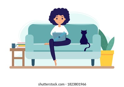 Home office during coronavirus outbreak concept, woman works from home with laptop. Vector illustration in flat style. Stay at home. Self-isolation