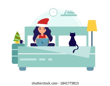 Home office during coronavirus outbreak concept. Young woman wearing santa claus hat is working on a laptop. Vector illustration in flat style