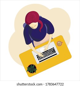 Home office, home education, freelancer, woman working in a laptop view from above. Flat vector illustration.