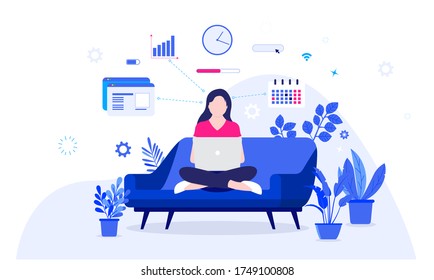 Home office efficiency - Woman in couch working on laptop from home very efficiently. Graphs, browser windows and business elements in background. Successful remote work, happy and freelance concept.