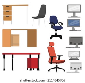 Home office elements and equipment's with chair table pc computer laptop with cabinet and drawer